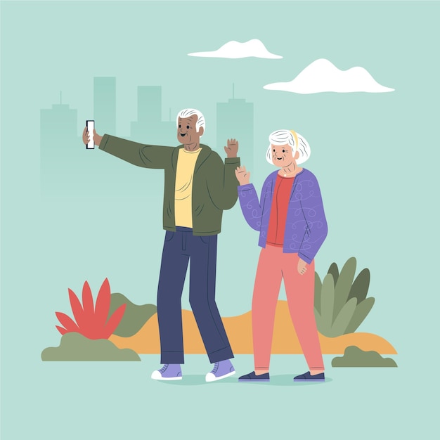 Free vector flat-hand drawn seniors using technology illustration