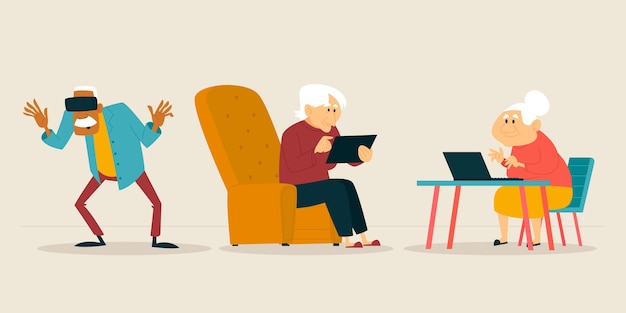 Flat-hand drawn seniors using technology illustration