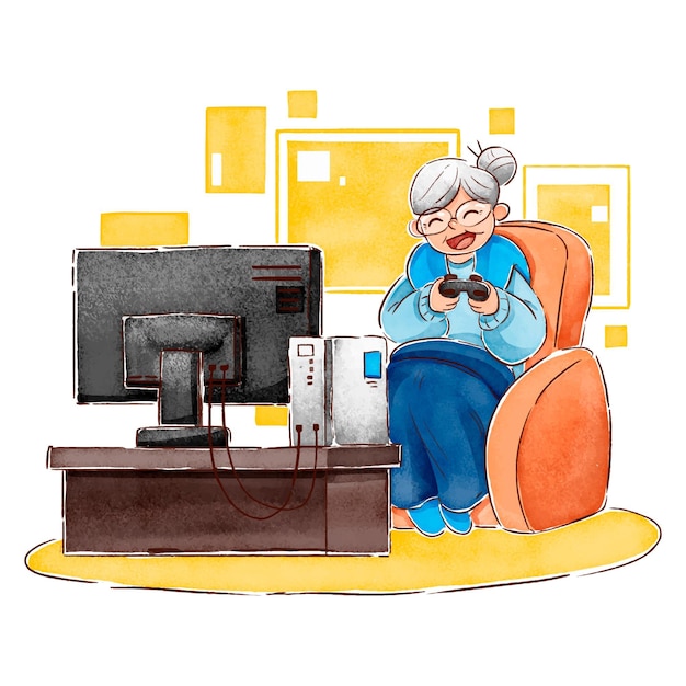 Free vector flat-hand drawn seniors using technology illustration