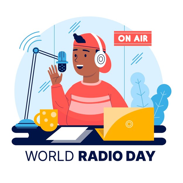 Flat hand drawn world radio day background with character