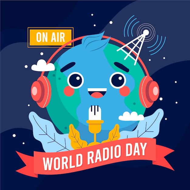 Flat hand drawn world radio day background with planet