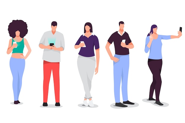 Free vector flat-hand drawn young people using smartphones illustration