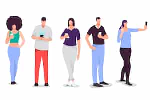 Бесплатное векторное изображение Рисованные молодые люди с помощью смартфонов