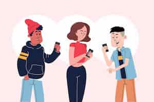 Free vector flat-hand drawn young people using smartphones illustration