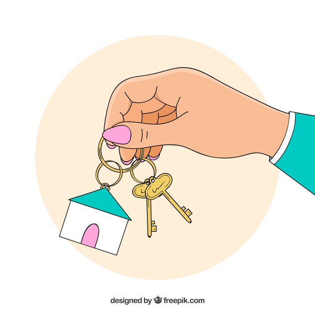 Flat hand holding house key background