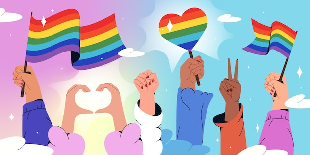 Flat hands holding rainbow flags symbol of LGBT