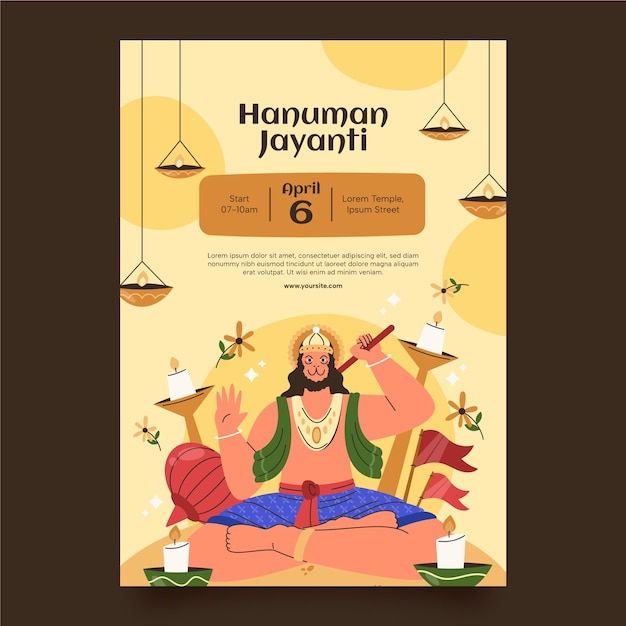 Vettore gratuito modello di poster verticale piatto hanuman jayanti