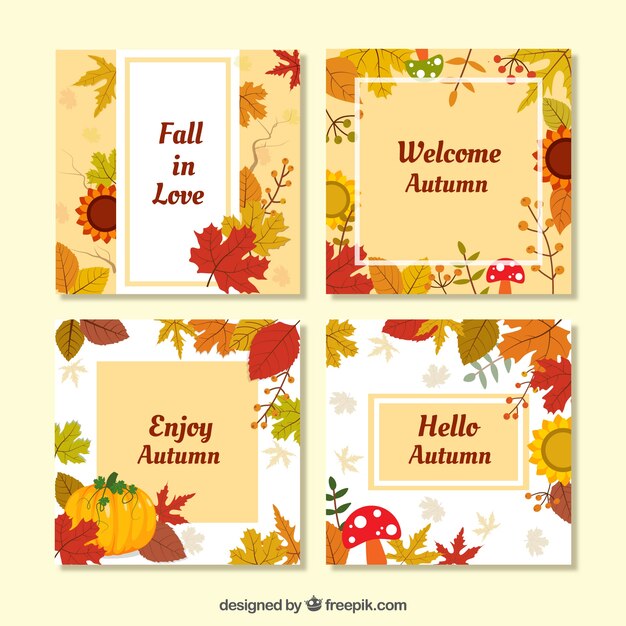 Free vector flat happy autumn cards with leaves