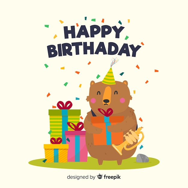 Free vector flat happy birthday background with a bear