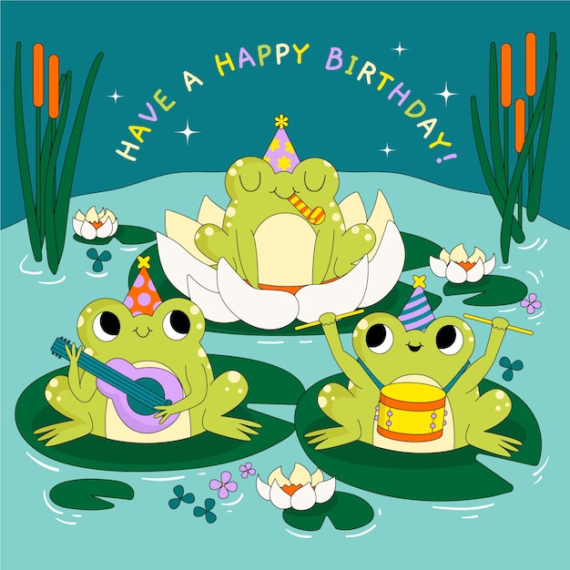 개구리와 평면 생일 카드 템플릿