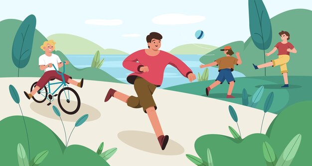 평평한 행복한 아이들은 공공 공원에서 달리기와 사이클링을 합니다.