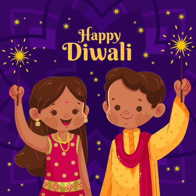 Vettore gratuito piatto felice diwali cartoon kids