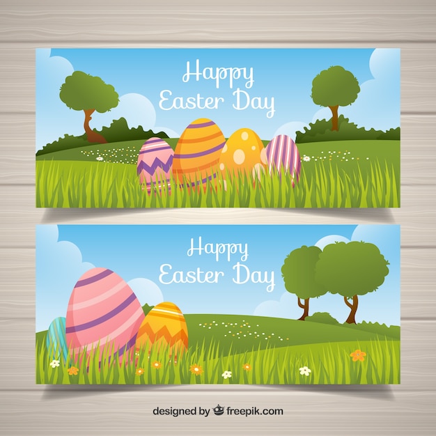 Flat happy easter day banners