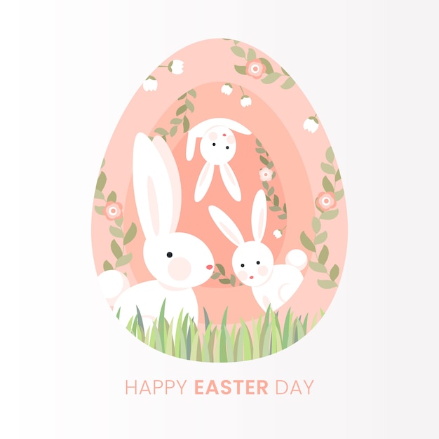 Flat happy easter day with rabbits