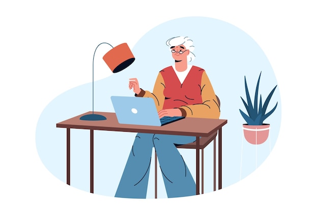Бесплатное векторное изображение Плоская счастливая пожилая женщина, работающая онлайн дома пенсионерка пожилого возраста сидит с ноутбуком за столом и занимается серфингом в интернете пожилая женщина учится на дистанционном обучении, делает покупки или общается