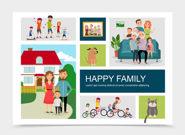 Flat happy family with animals illustration