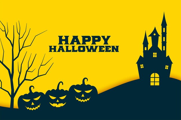 Flat happy halloween yellow background with pumpkin and castle