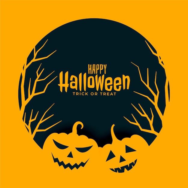Flat happy halloween yellow background with trees and pumpkins