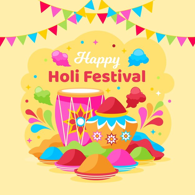 Плоский счастливый дизайн фестиваля holi gulal