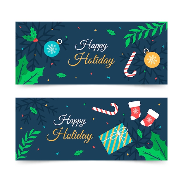 Flat happy holidays christmas banners set