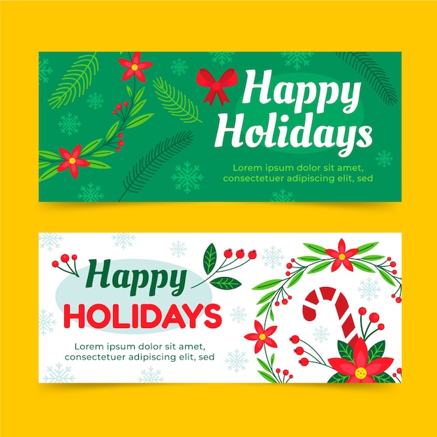 Flat happy holidays christmas banners set