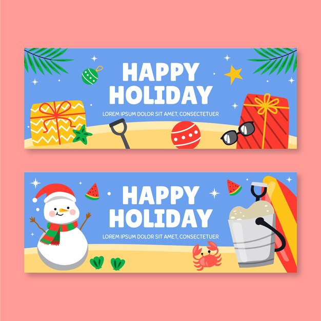 Flat happy holidays horizontal banners set