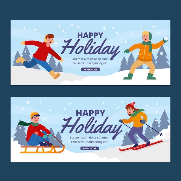 Flat happy holidays horizontal banners set