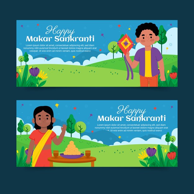 Free vector flat happy makar sankranti horizontal banners set