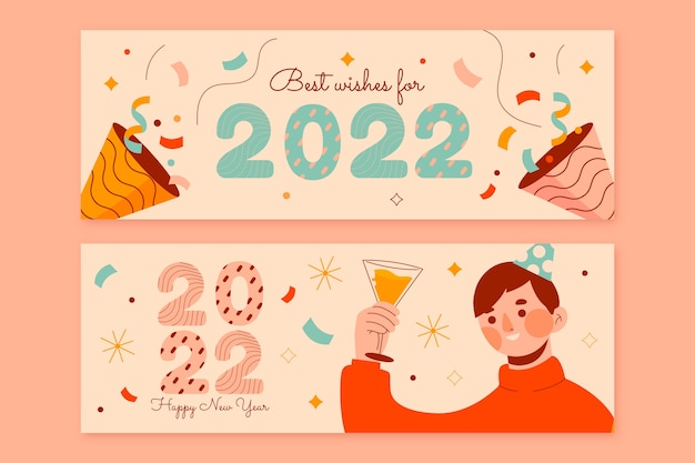 무료 벡터 평면 새 해 복 많이 받으세요 2022 가로 배너 세트