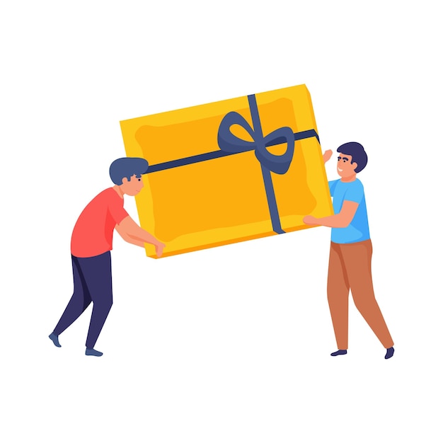 Flat happy people carrying big wrapped gift box illustration