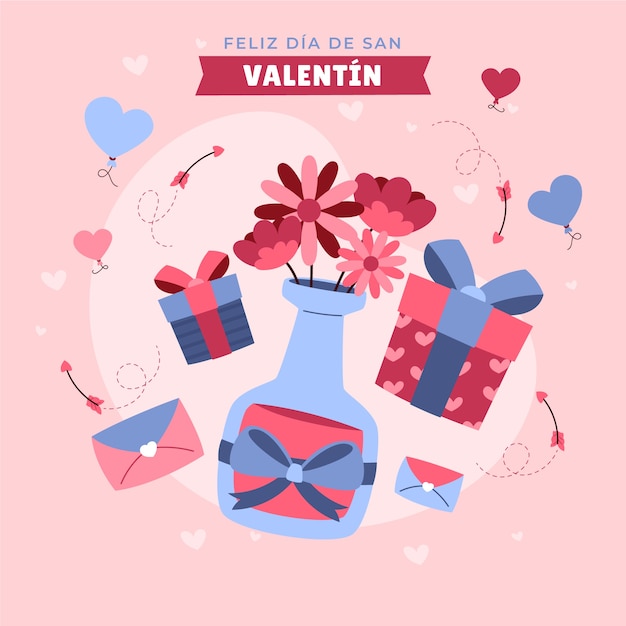 Flat happy valentine's day in spanish illustration and greeting card