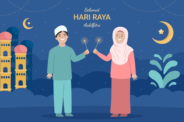 Плоский фон Hari Raya Aidilfitri с людьми, держащими искры