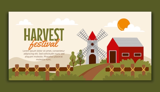 Vettore gratuito modello di banner orizzontale per la celebrazione del festival del raccolto piatto