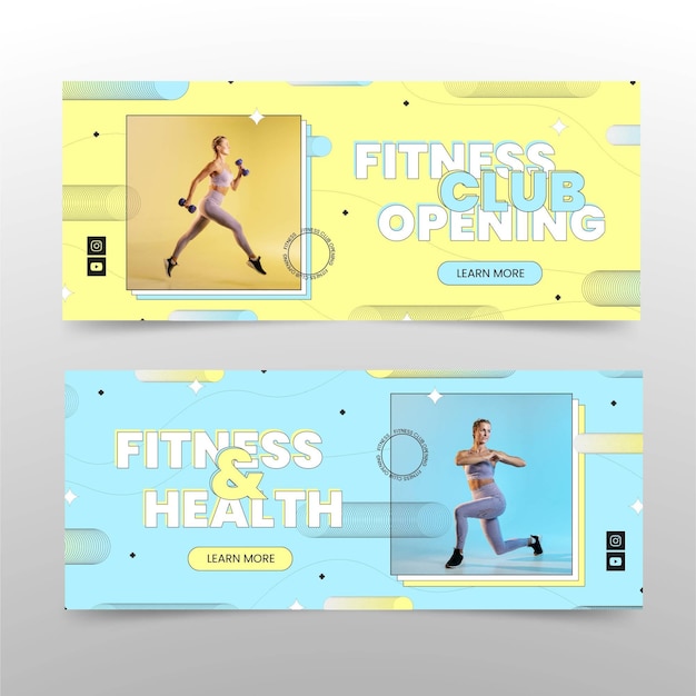 Flat health and fitness horizontal banners set with photo