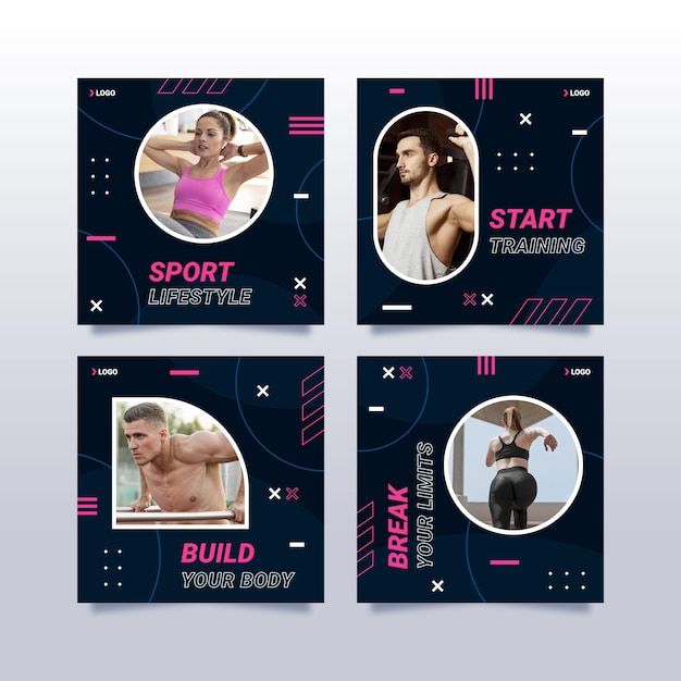 flat health and fitness instagram post set