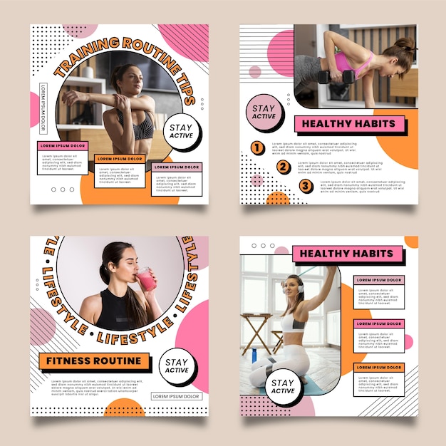 Free vector flat health and fitness instagram posts collection with photo