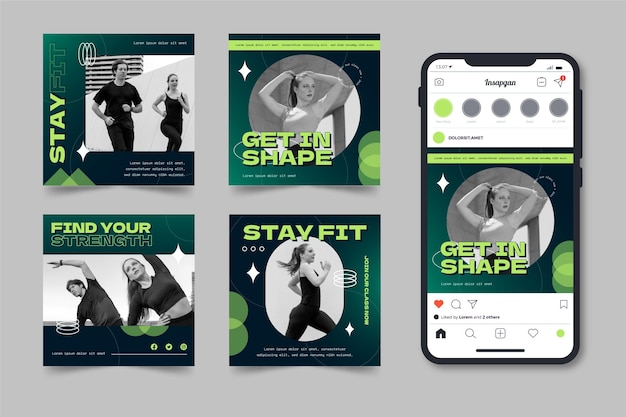 Free vector flat health and fitness instagram posts collection with photo