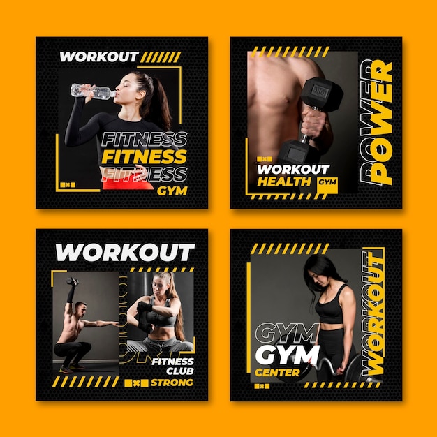 Flat health and fitness instagram posts collection with photo