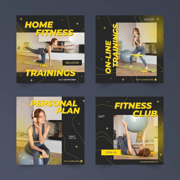 Flat health and fitness instagram posts collection with photo