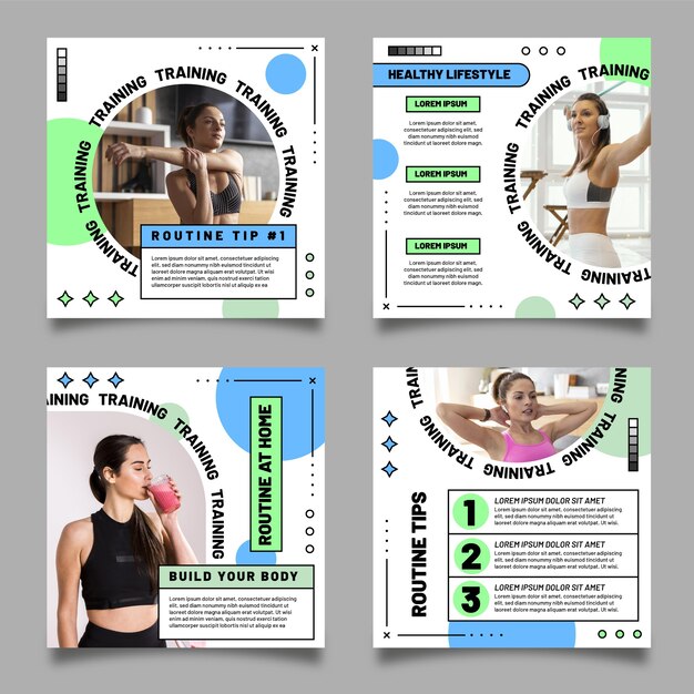 Flat health and fitness instagram posts collection with photo