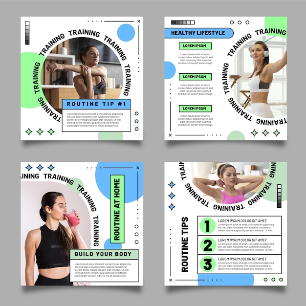 Flat health and fitness instagram posts collection with photo