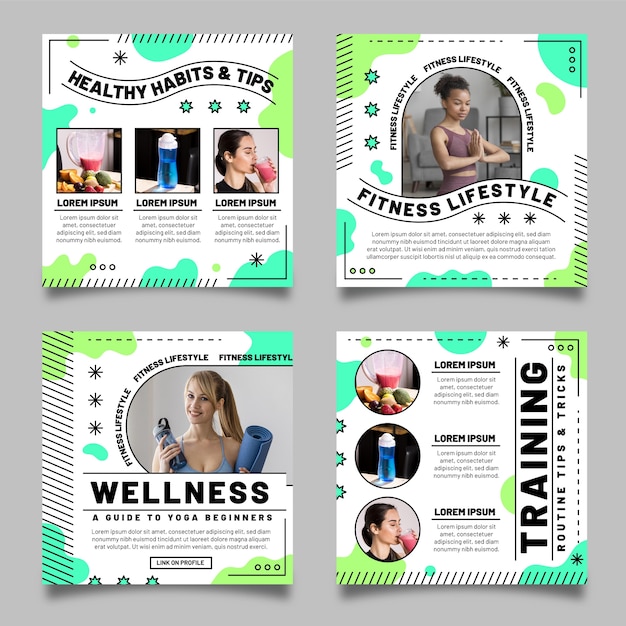 Free vector flat health and fitness instagram posts collection with photo