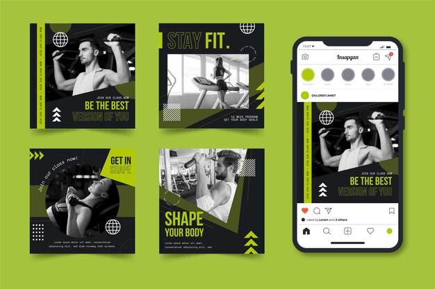 Flat health and fitness instagram posts collection with photo