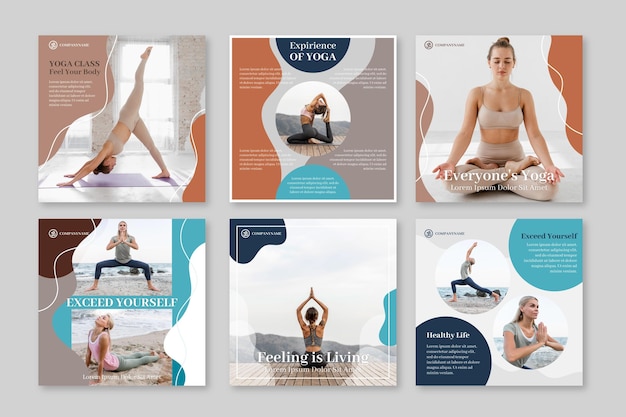 Free vector flat health and fitness instagram posts collection with photo