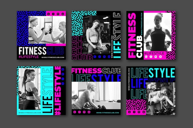 Free vector flat health and fitness instagram posts collection with photo