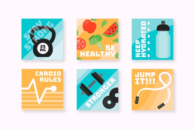 Free vector flat health and fitness instagram posts collection