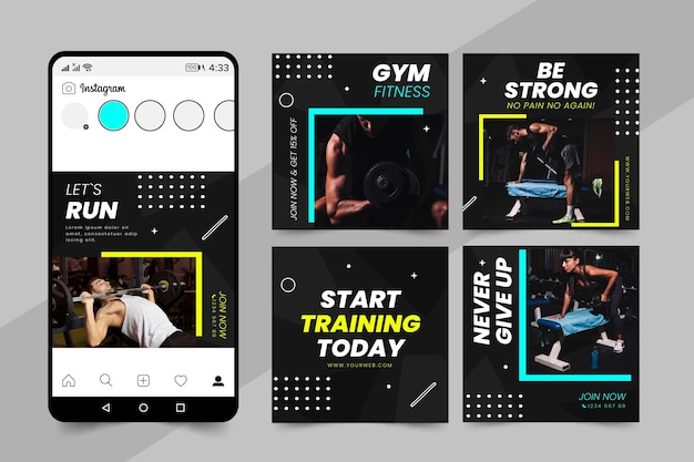 Free vector flat health and fitness instagram posts collection