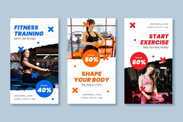 Free vector flat health and fitness instagram stories collection with photo