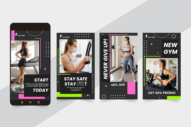 Free vector flat health and fitness instagram stories collection