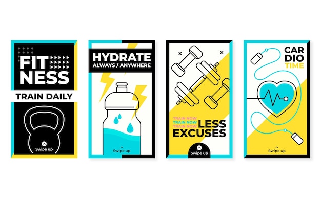 Free vector flat health and fitness instagram stories collection